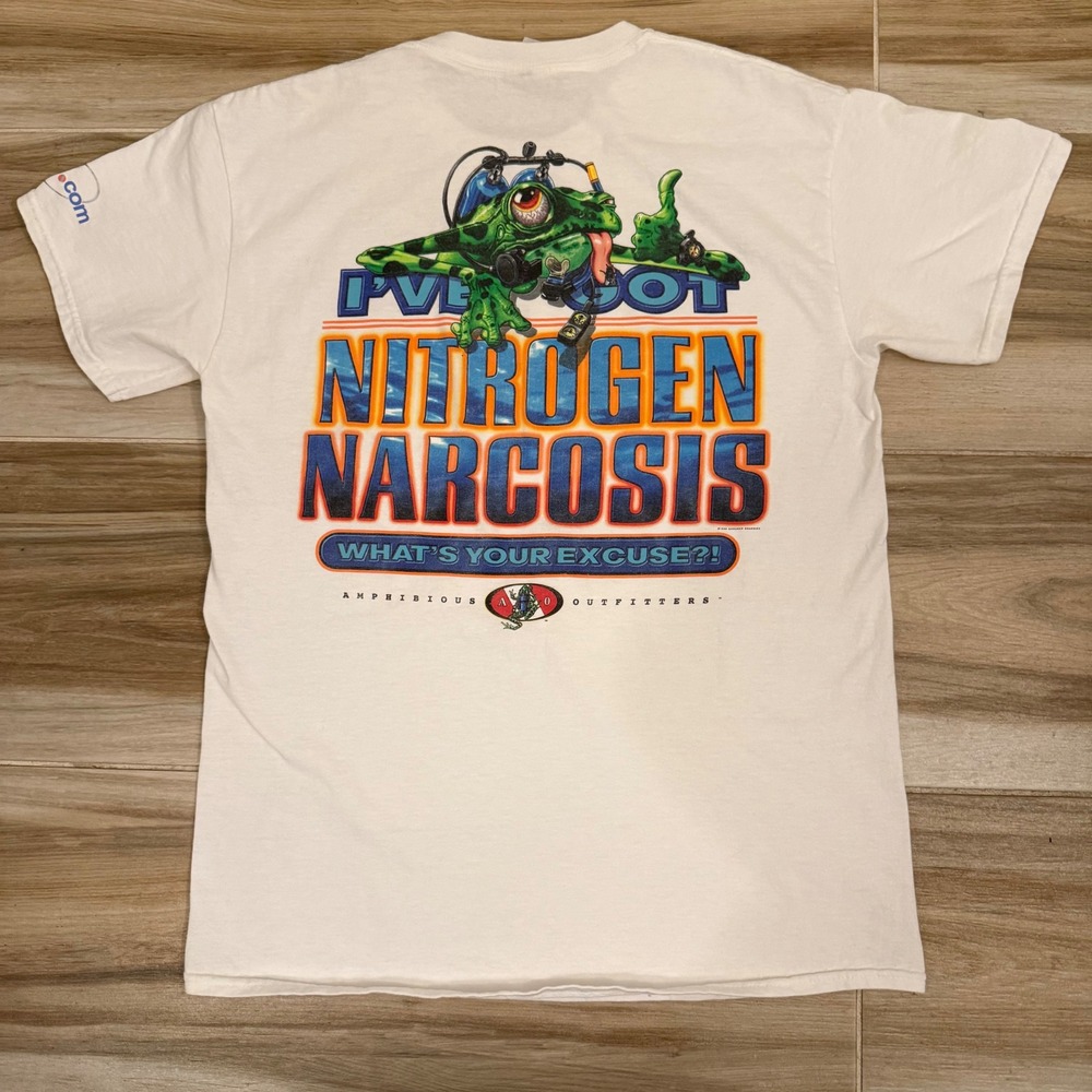 Vintage 1998 Amphibious Outfitters Nitrogen Narcosis Scuba T-Shirt White Mens M